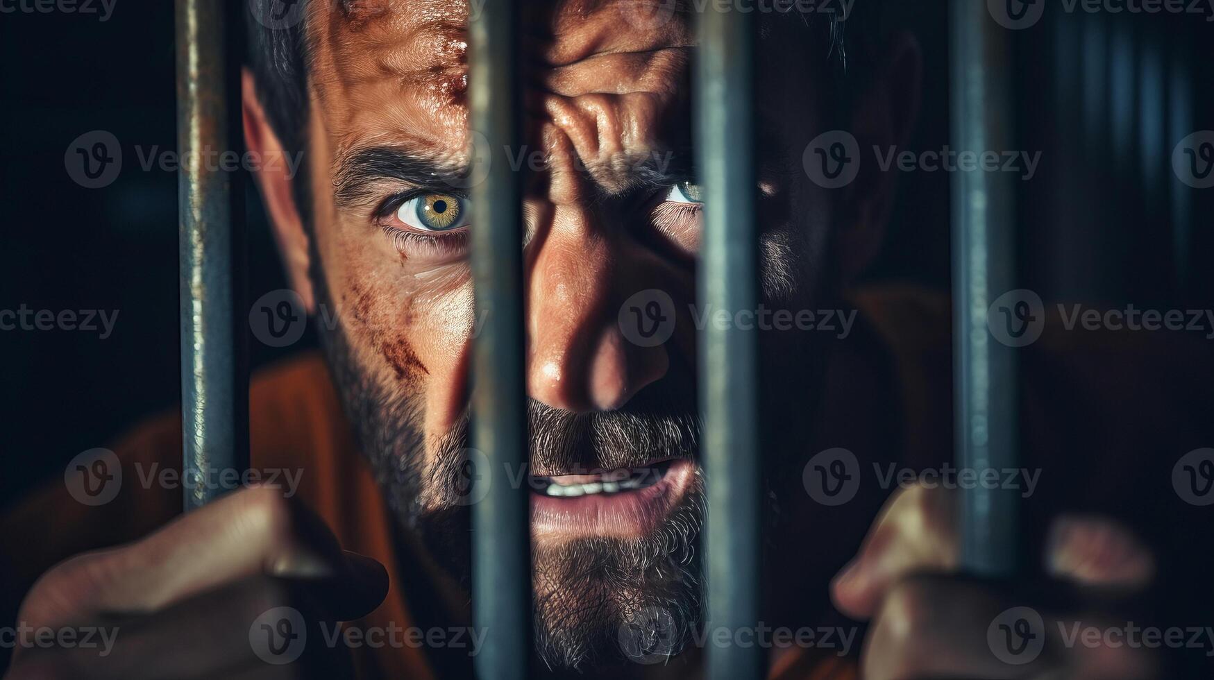 AI generated Angry male inmate confined behind bars desperately asking to released from custody photo