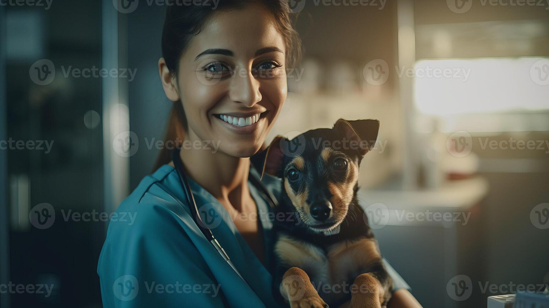 AI generated Young vet girl shares joyful moment with playful dog in clinic symbolizes importance of pet checkups photo