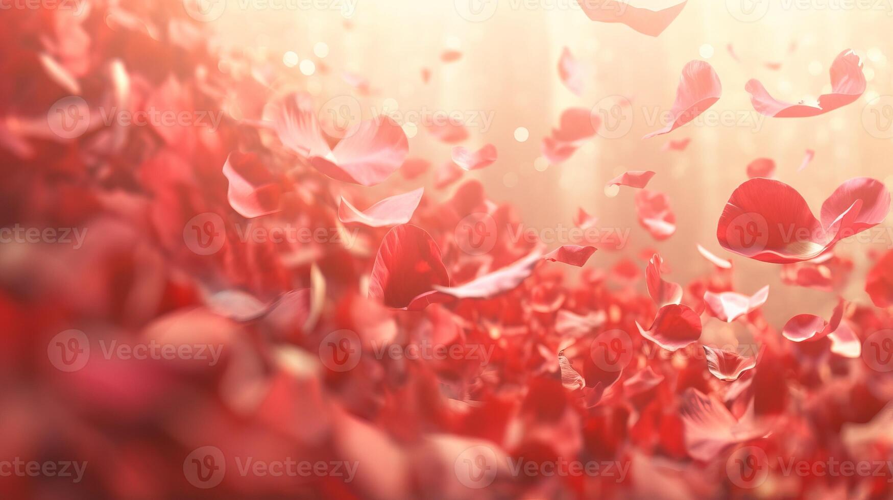 AI generated Red rose petals gently falling in soft sunlight, fragile feminine background photo