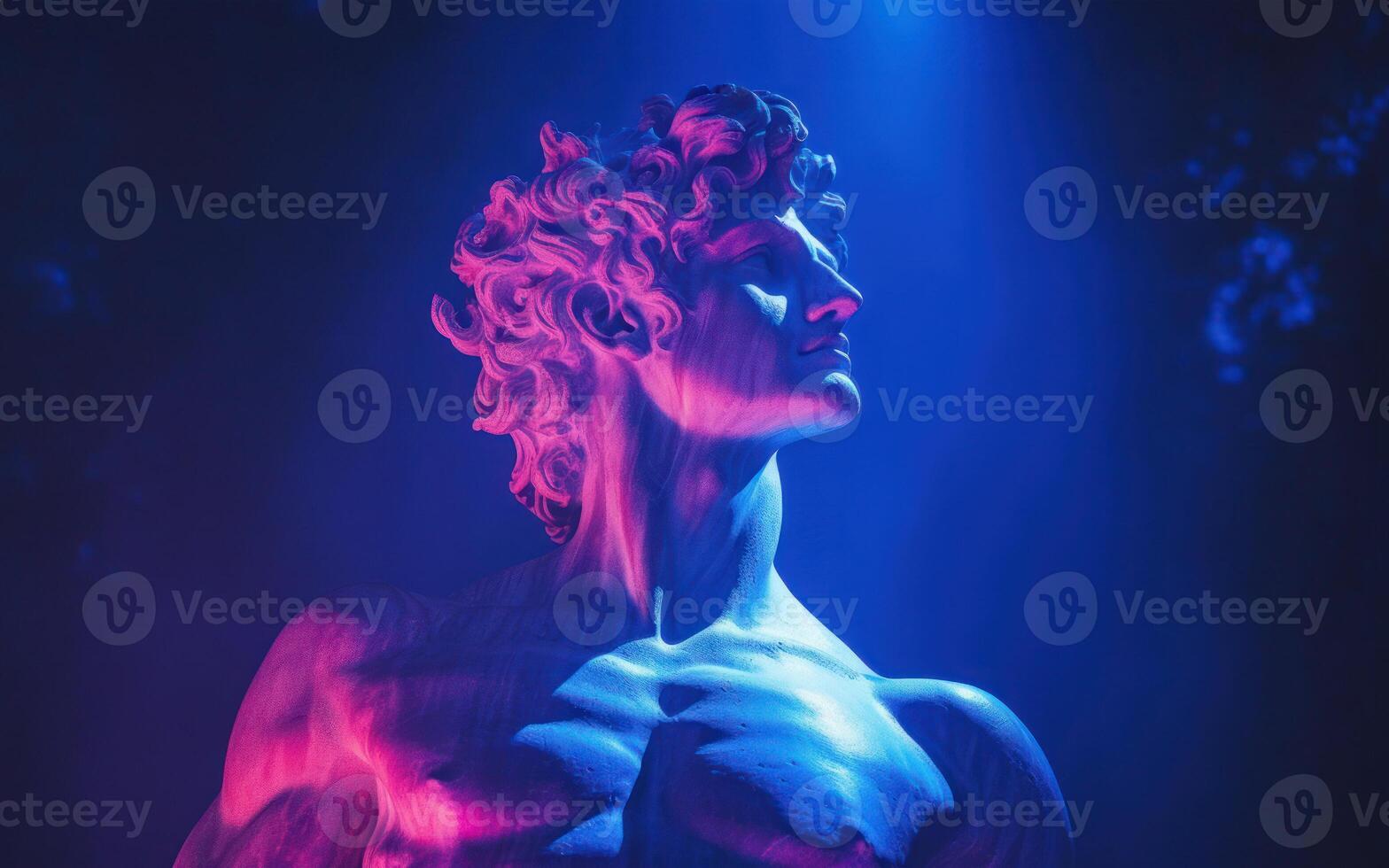 AI generated Ancient antique statue of male person in mystical neon glow haze, gloomy dark background photo