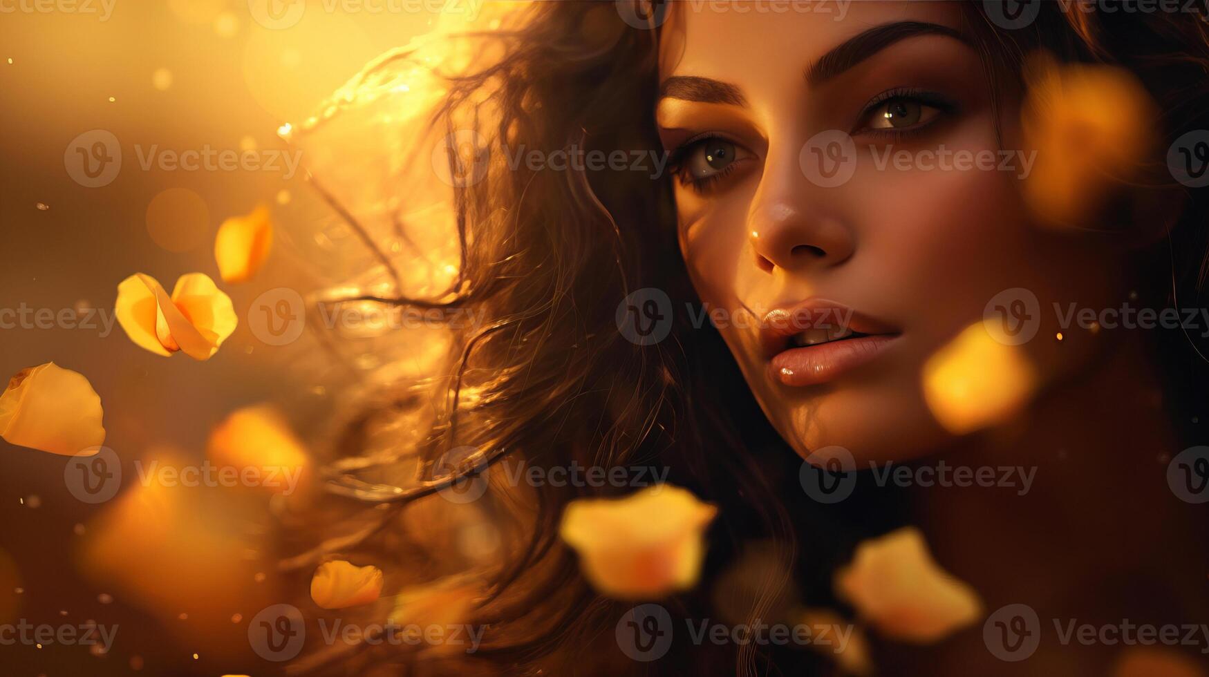 AI generated Yellow petals delicately cascade onto young girl face in close up portrait photo