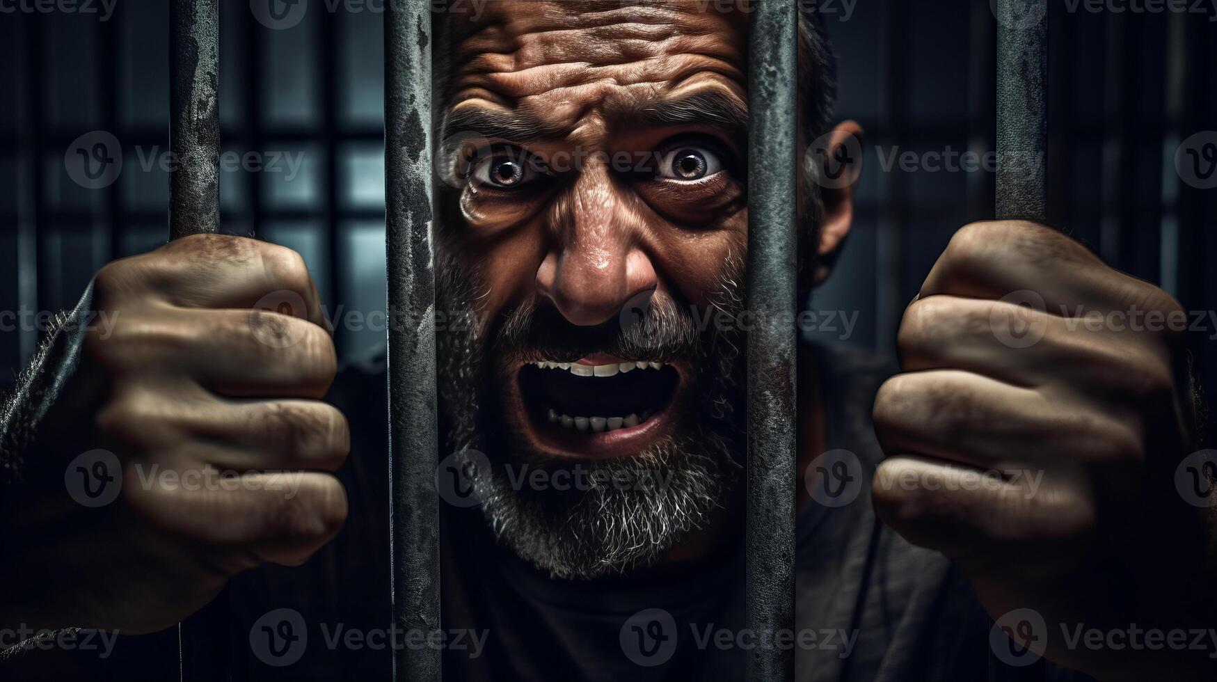 AI generated Angry male inmate confined behind bars desperately asking to released from custody photo