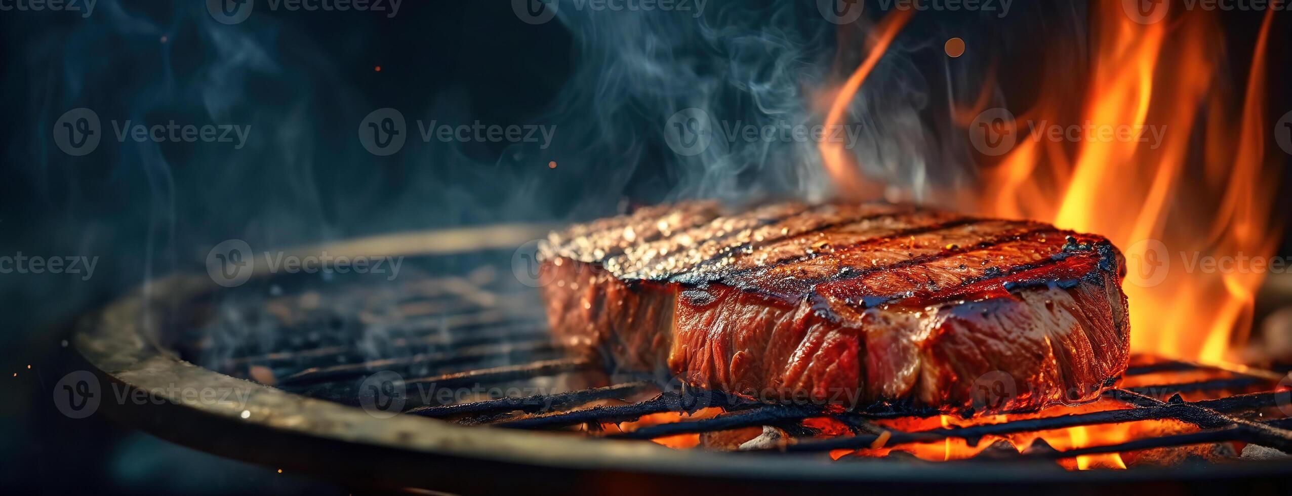 ai generado candente en el parrilla, el bistec jugos caramelizar en el calor, un testamento a el Arte de cocinando. A la parrilla carne llena el aire, como llamas danza alrededor el bordes, suntuoso cortar de carne de res. foto