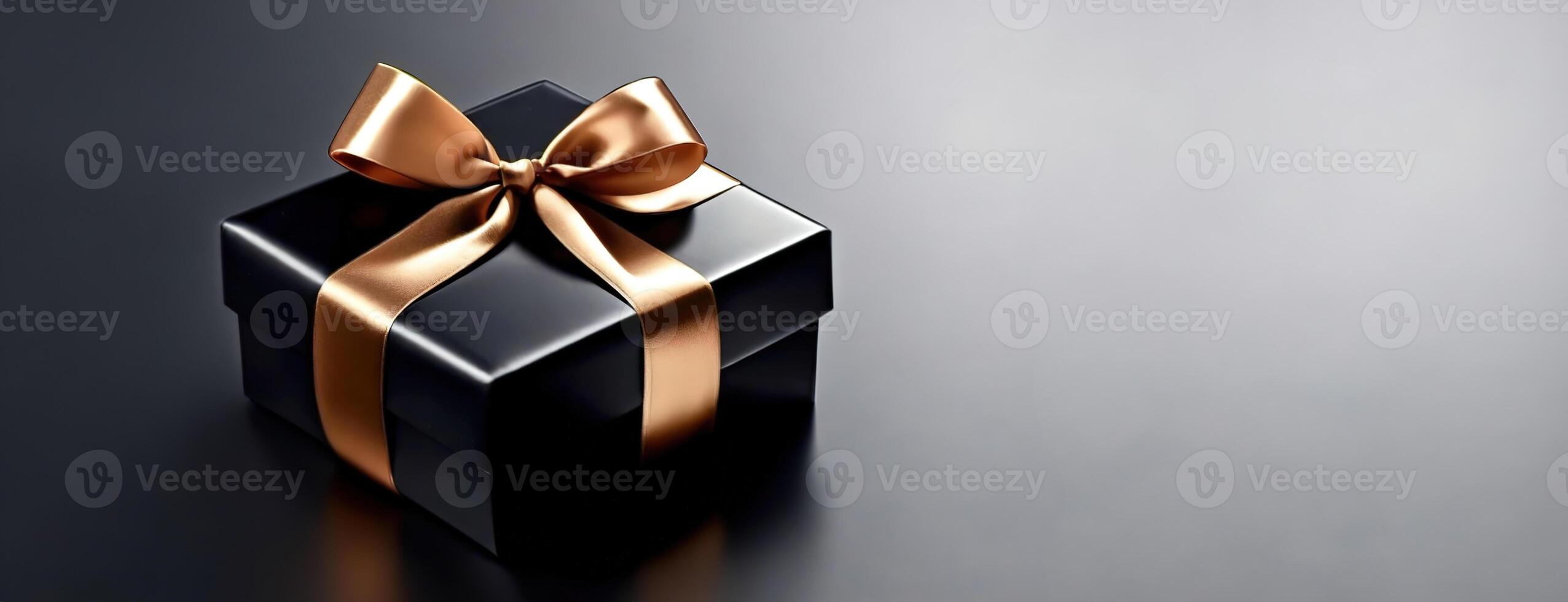 AI Generated Gift box wrapped in black paper with golden ribbon on dark background. Black Friday, Boxing Day. Copy space for text. photo