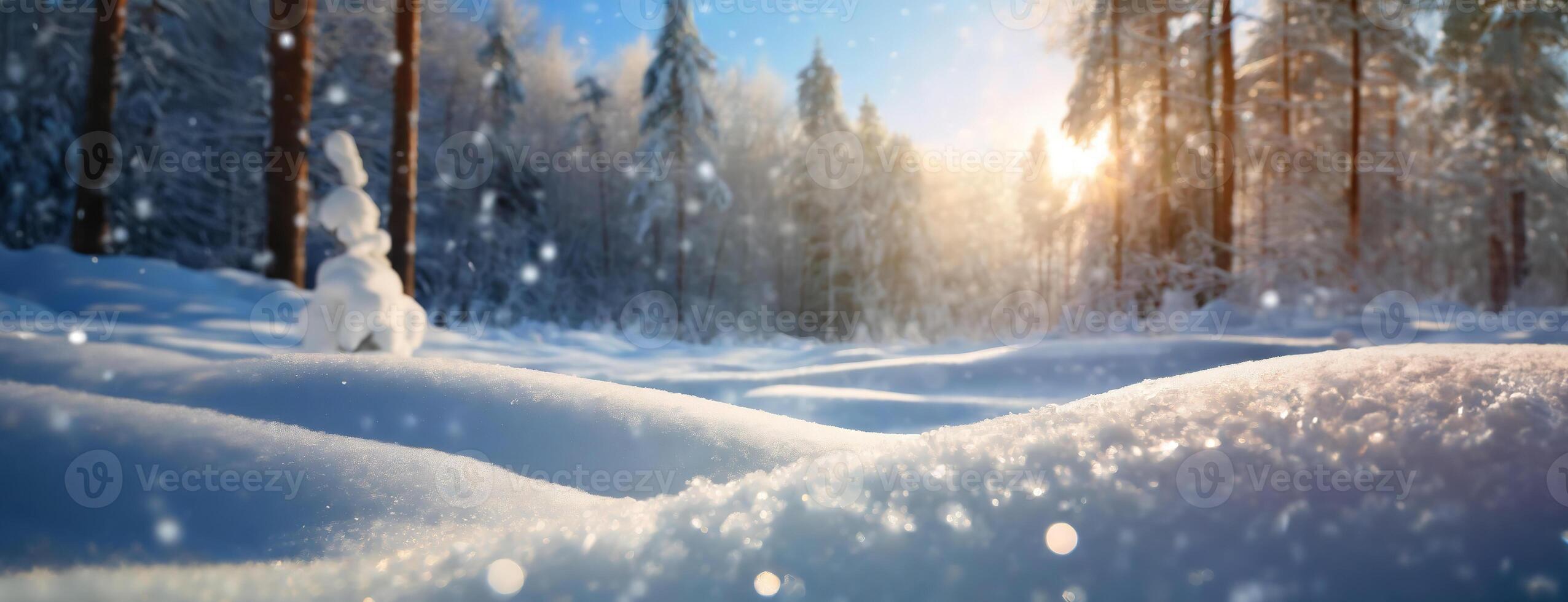 AI Generated Winter snowy coniferous forest fairy landscape at sunny day background. Happy New Year or Christmas greeting card. Banner. photo