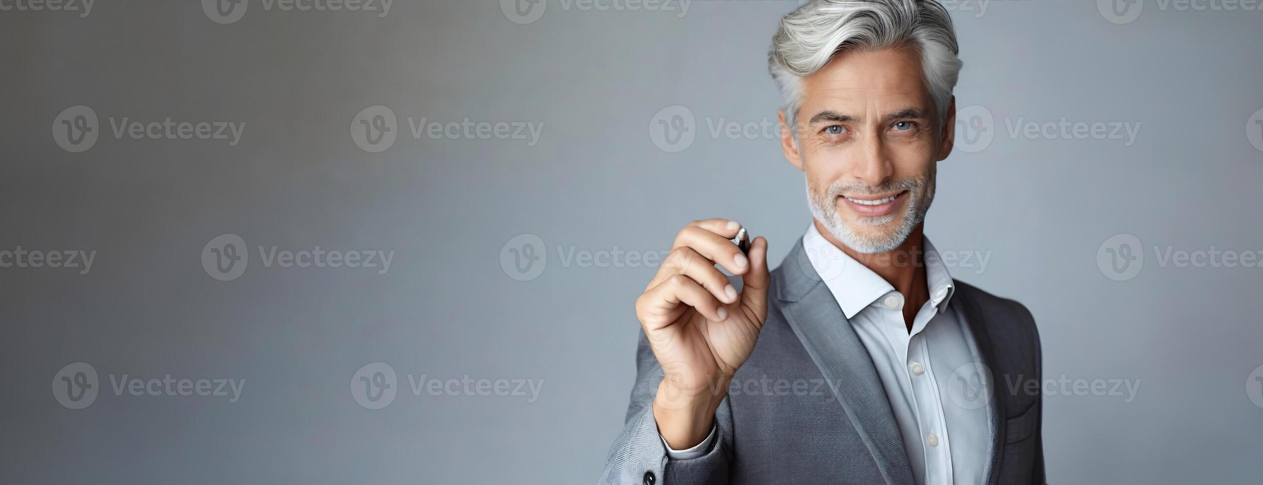 AI Generated Mature businessman holding a pen writing business plan on glass wall at office. Successful male entrepreneur in suit noting information about working project. Empty background, copy space photo