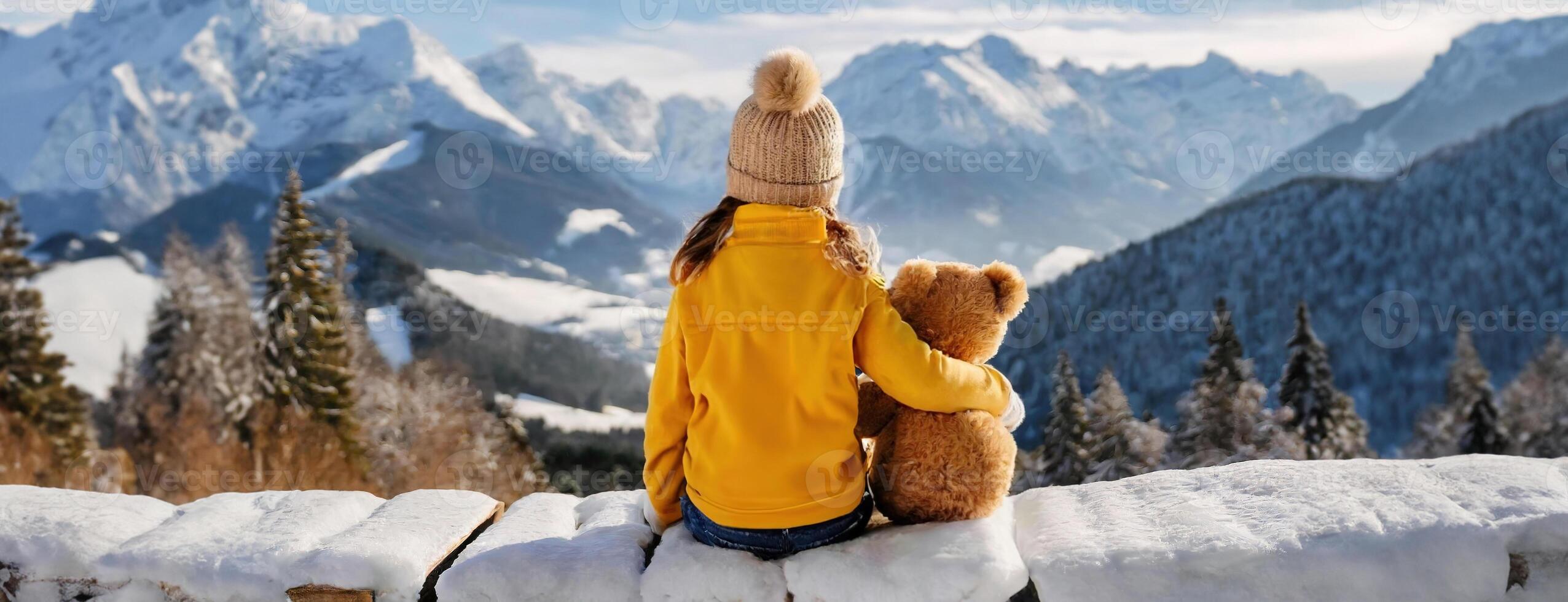 AI Generated Child girl with toy teddy bear sits in winter snowy mountains. Family vacation. Christmas celebration and holidays. Fun and outdoor activities with kids. photo