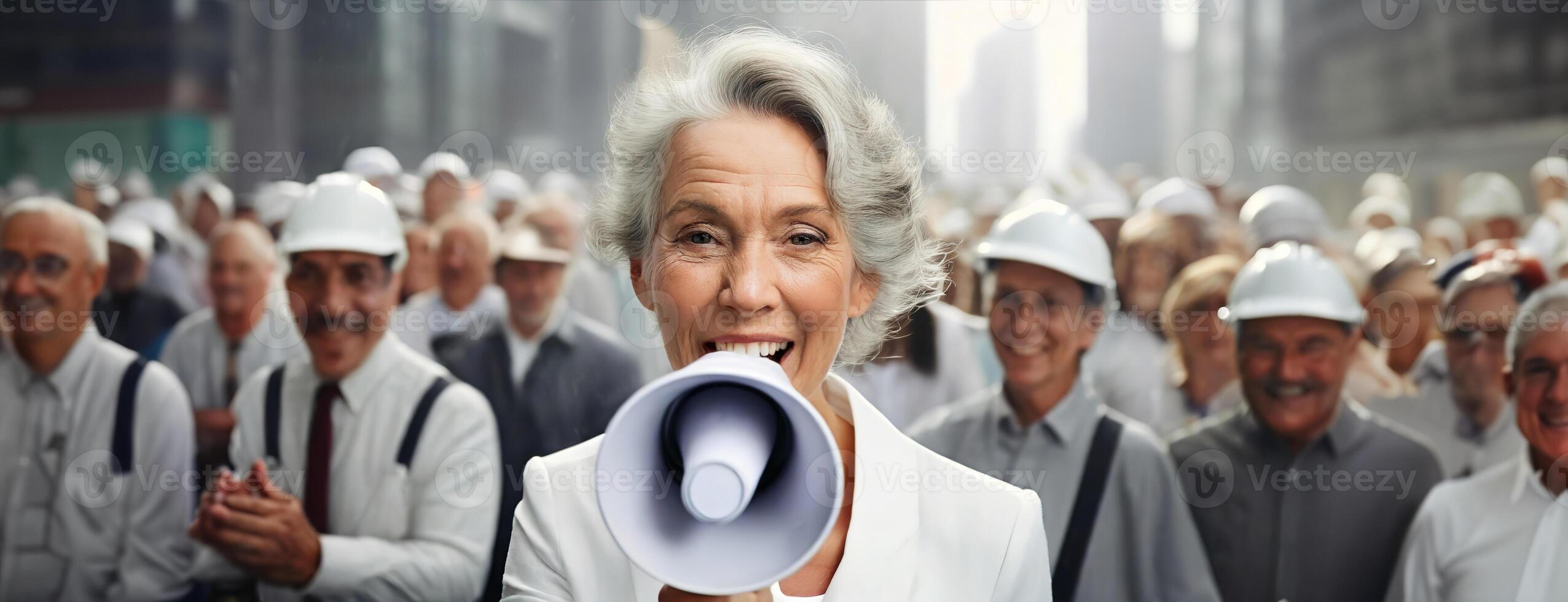 AI Generated Senior woman makes a speech in a megaphone on a city street. A crowd of old working men follows elderly lady in honor of the rally. Pensioner yells into a bullhorn on people background photo