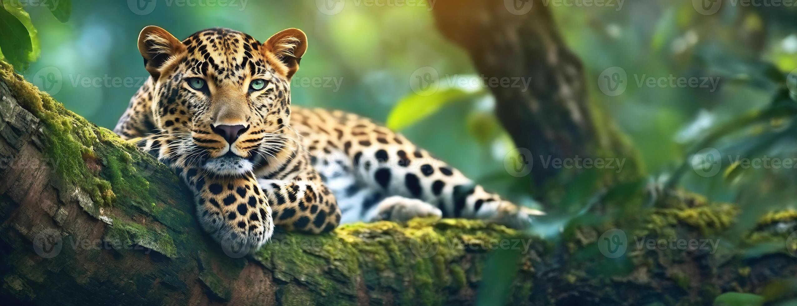 AI Generated A relaxed leopard lounges on a tree branch in a lush green forest. This striking image captures the majestic feline in its natural habitat, exuding a sense of calm and power photo