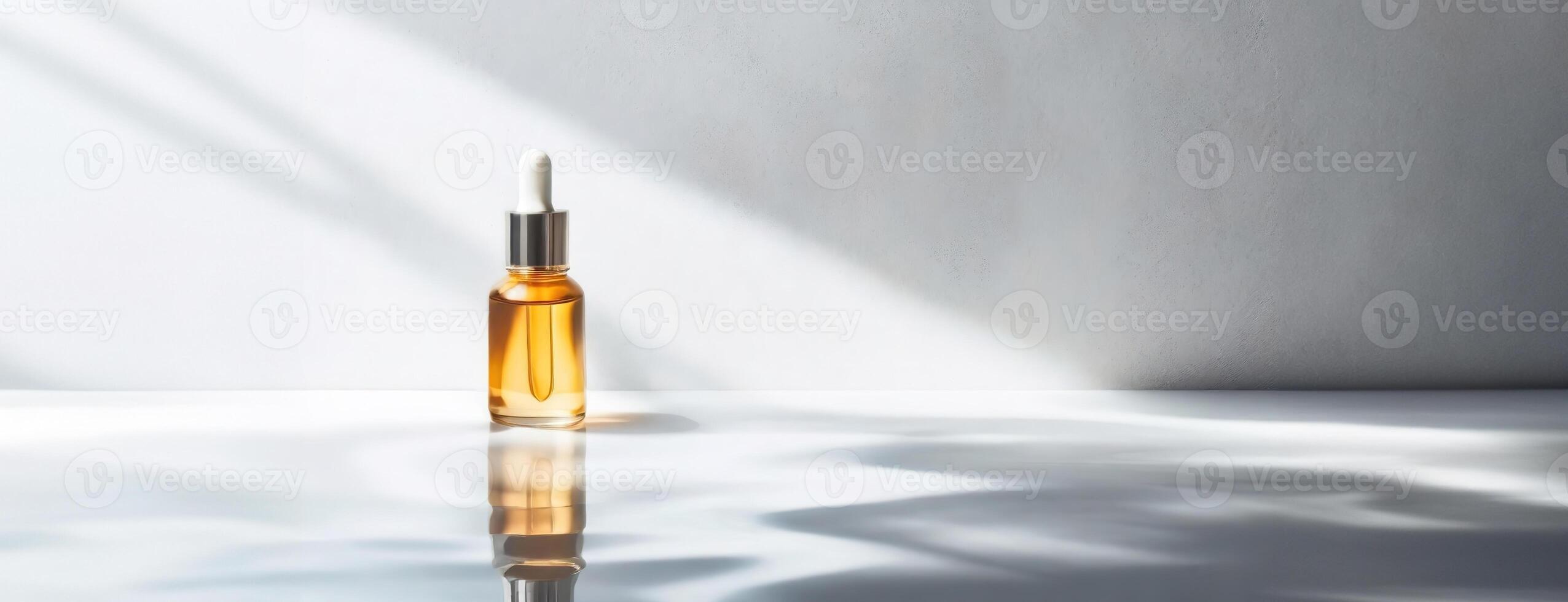 AI Generated A dropper bottle casts a reflective image on a serene surface, bathed in the soft light of a tranquil environment. The glass container, filled with a golden-hued liquid, stands out in a photo