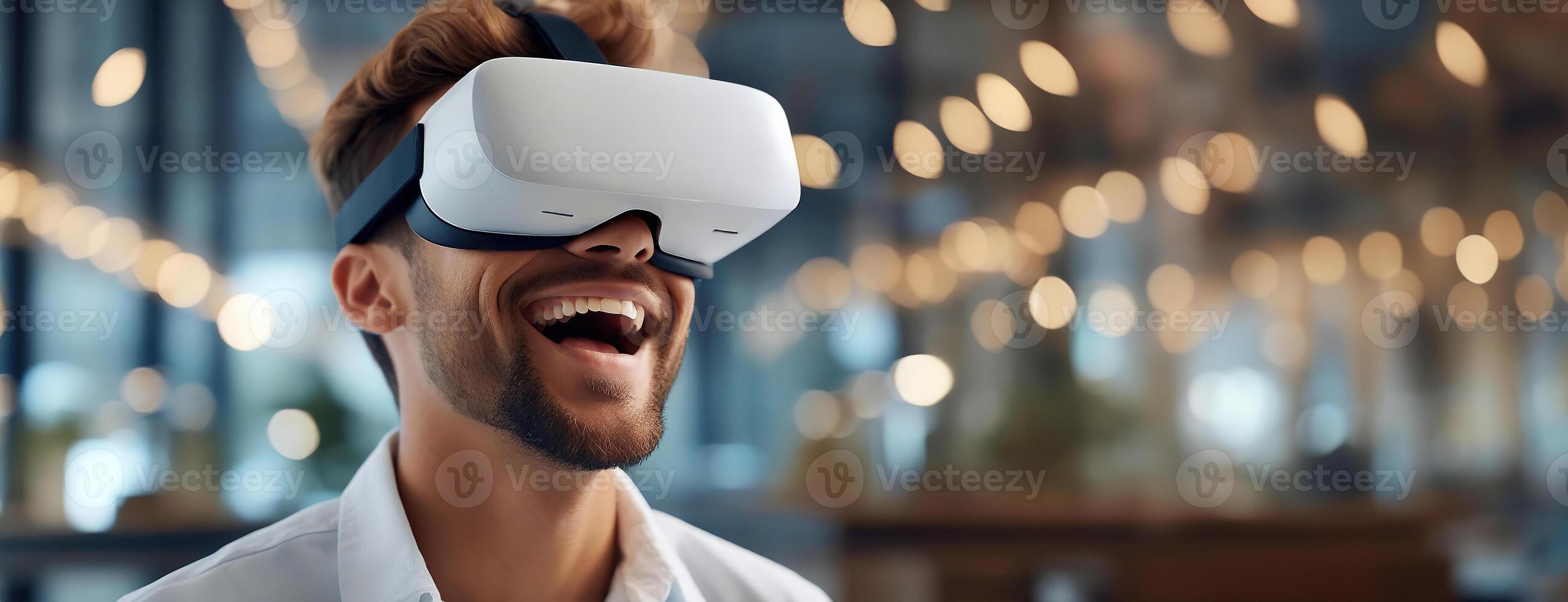AI Generated Man in virtual reality glasses with VR control futuristic cyber and 3D world. Gamer person with controller for AR, digital experience in shopping mall on the background. photo