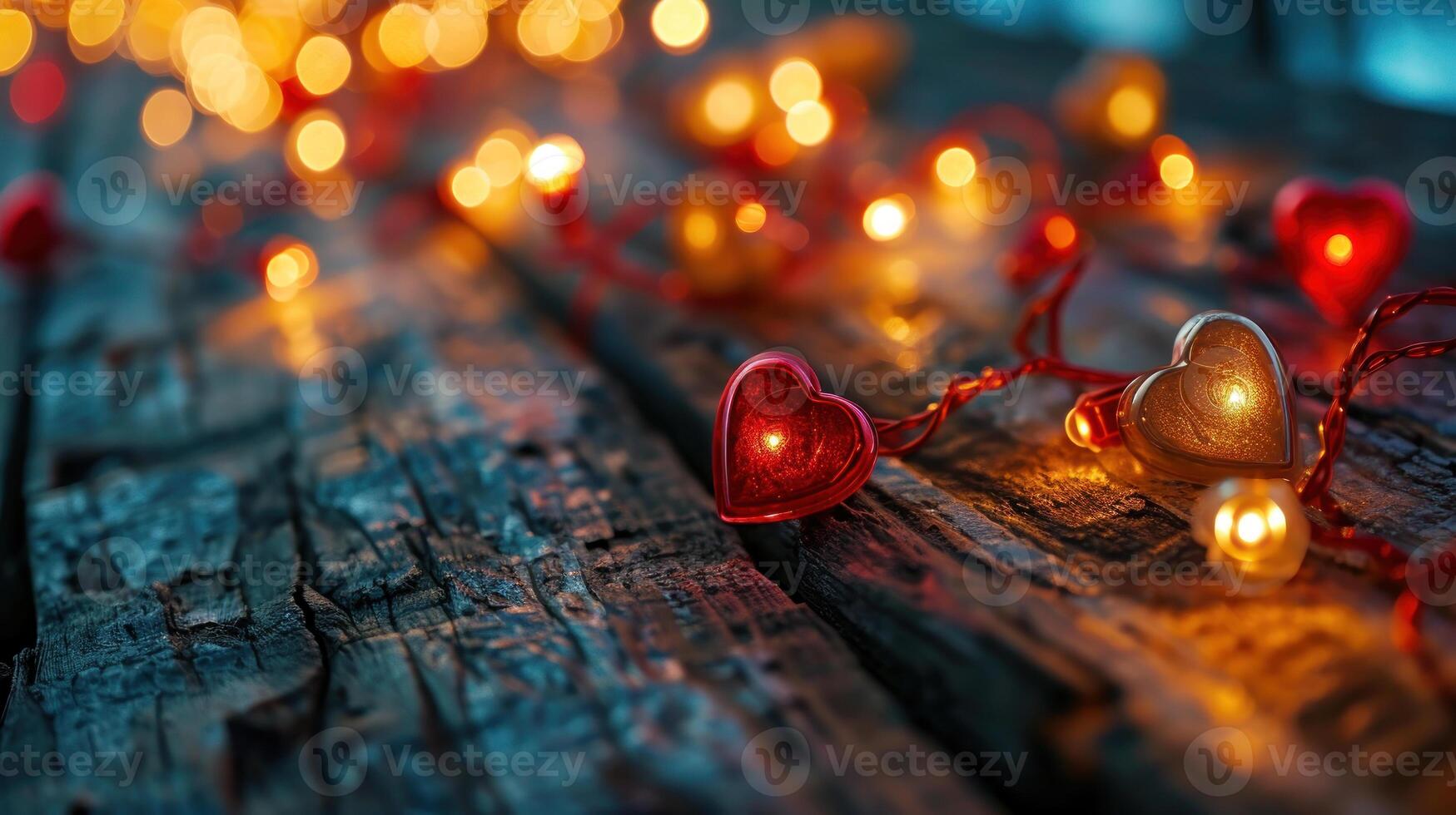 AI generated Glowing Affection Heart-Shaped Lights on Rustic Wood photo