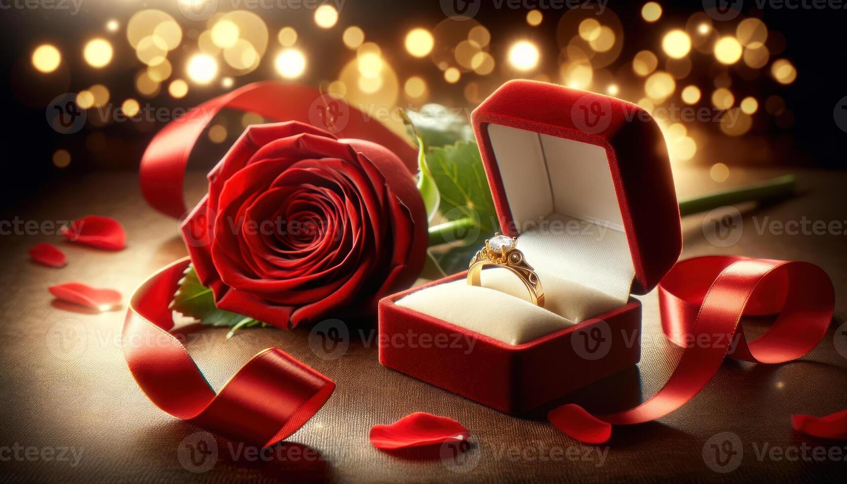 AI generated Love and Devotion Engagement Ring with a Single Red Rose photo