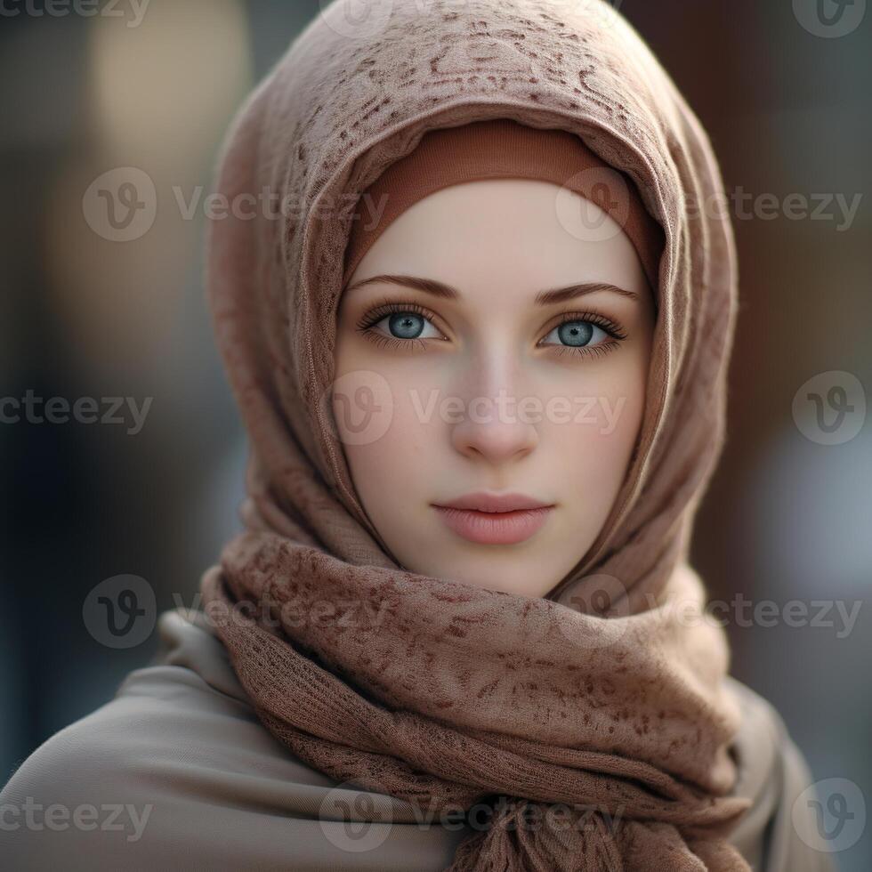 AI generated Cute smiling Muslim girl wearing a headscarf. Life style. Close-up portrait photo