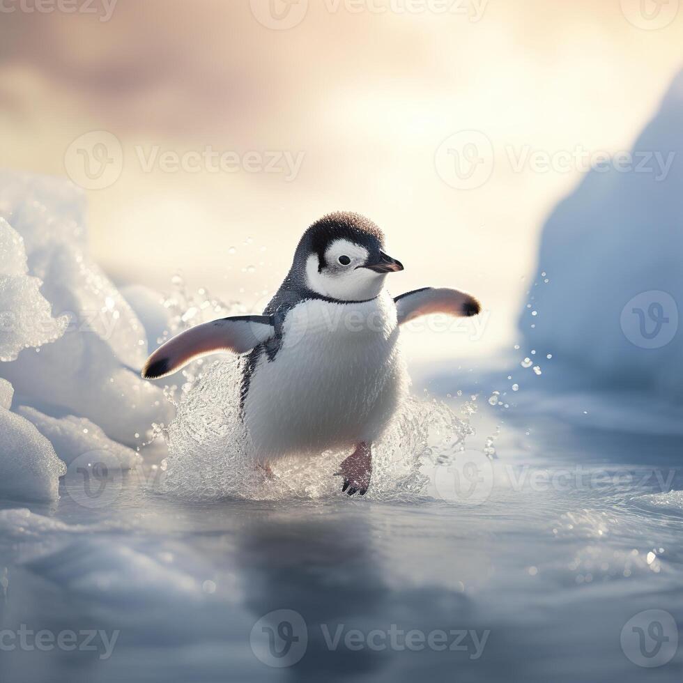 ai generado pingüino carreras en agua. pingüino día foto