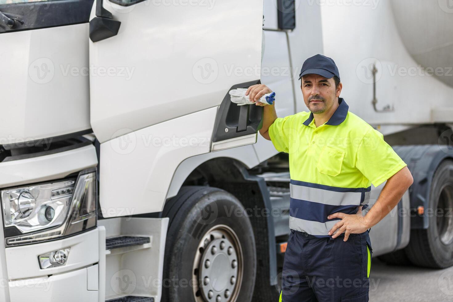 masculino camión conductor en pie por puerta de vehículo mientras mirando a cámara foto