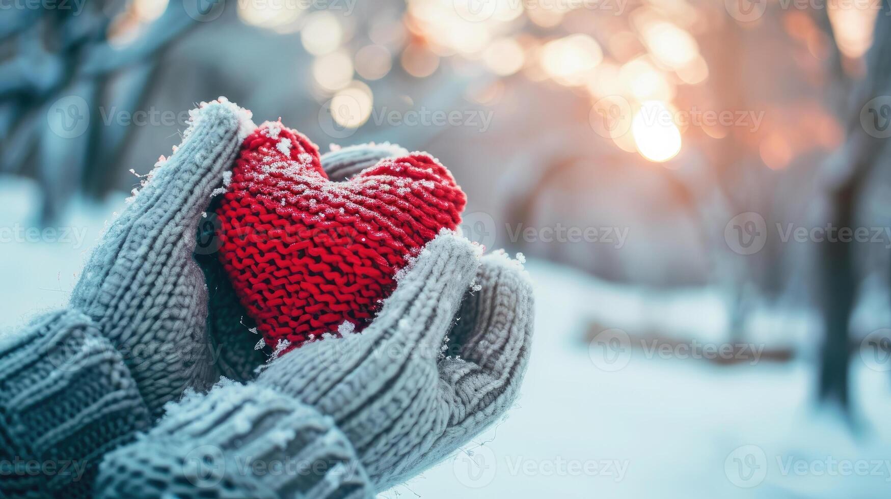 AI generated Hands in Knitted Gloves Holding Red Heart in Snow photo