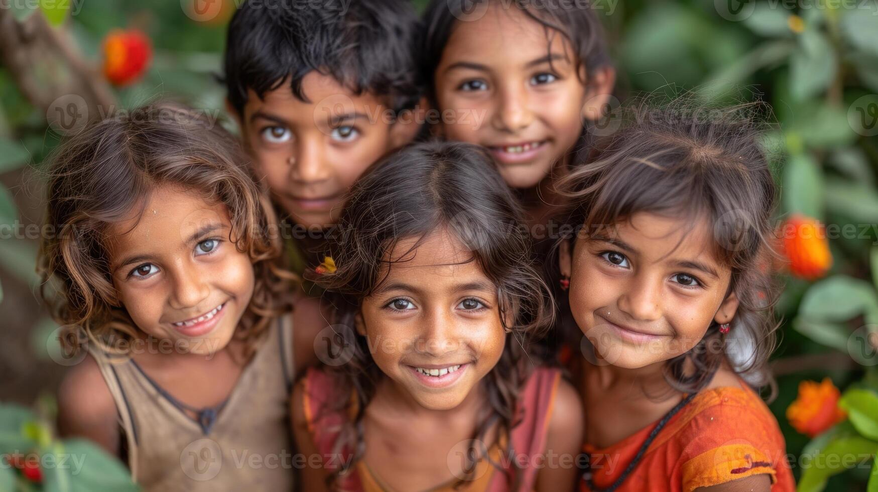 AI generated Group of indian kids smiling and looking at camera in the garden from above view. photo