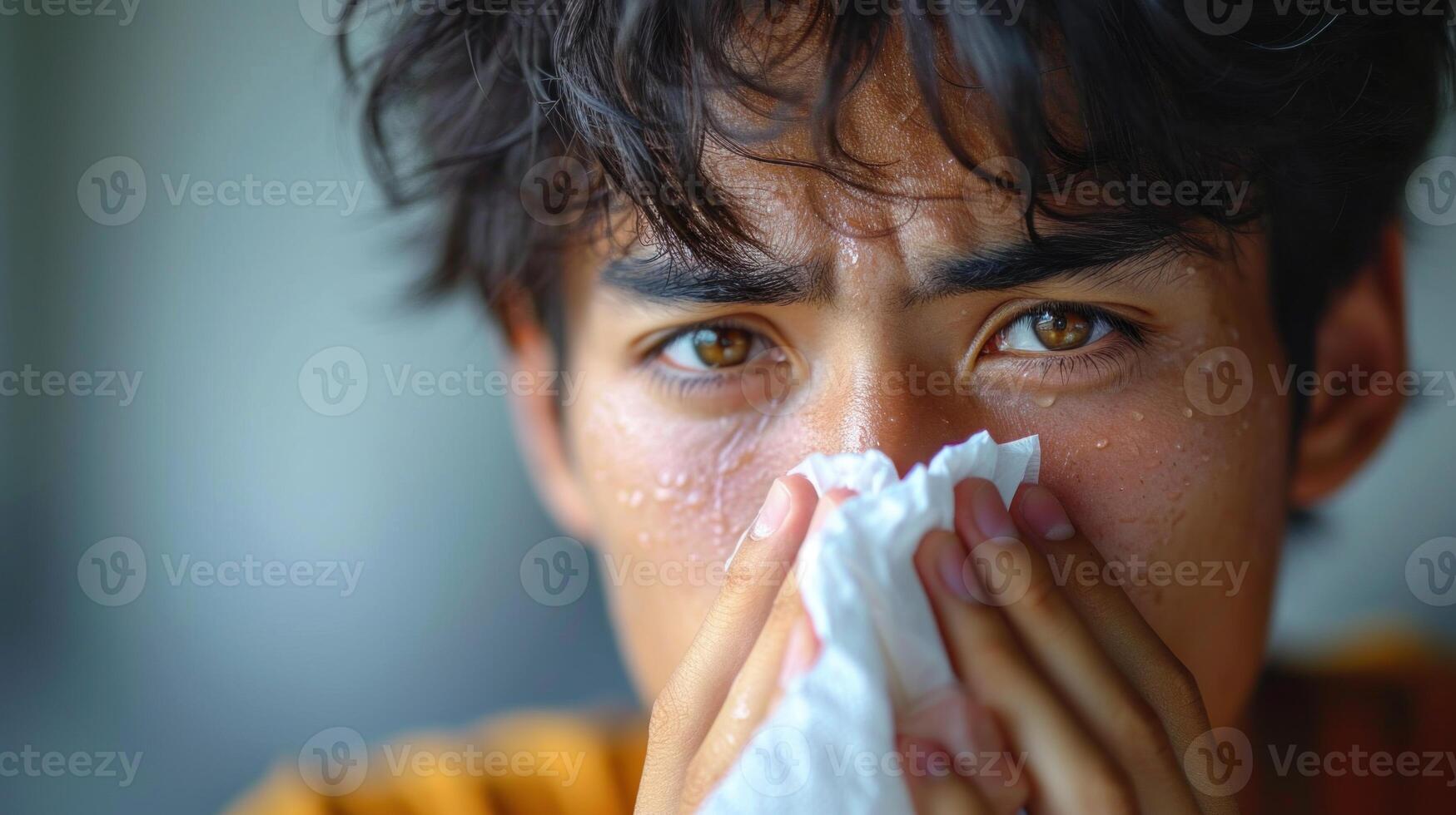 AI generated Close up of a sick asian boy blowing his nose with a tissue. photo
