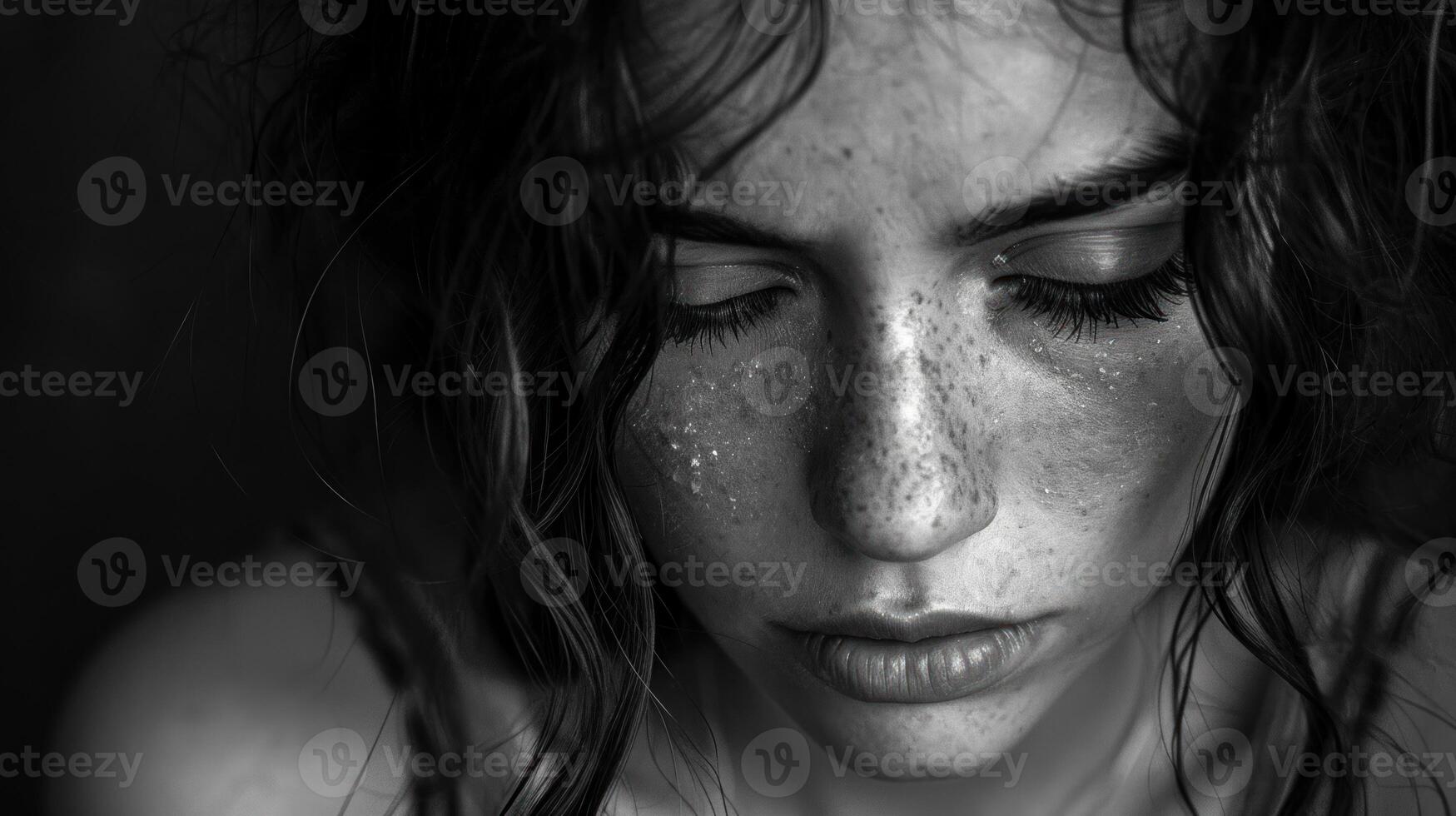 ai generado de cerca retrato de triste joven mujer con mojado pelo y pecas negro y blanco. foto