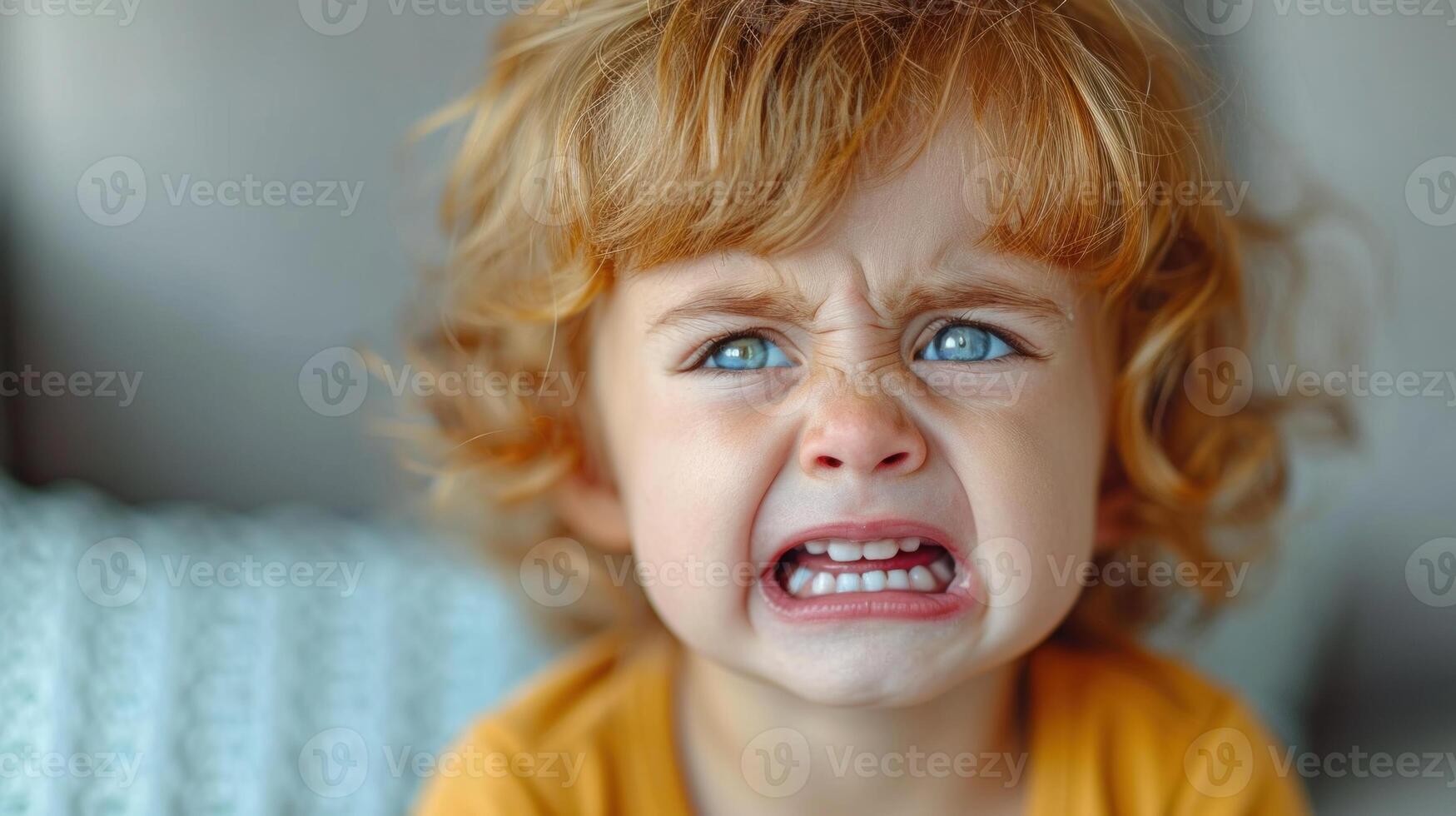 AI generated Closeup portrait of a crying red-haired boy with blond curly hair photo