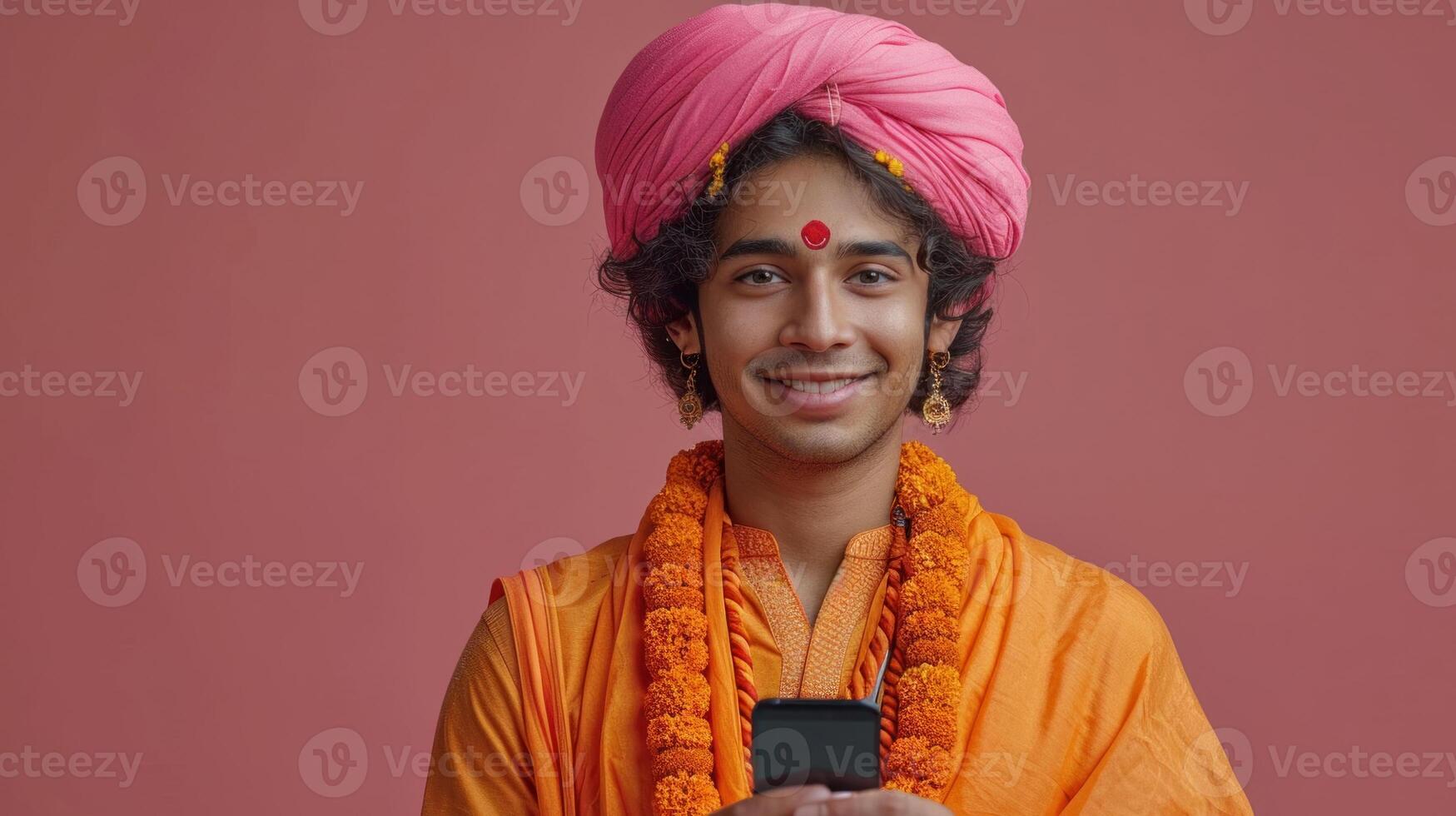 AI generated Young indian man using mobile phone and wearing turban against pink background photo