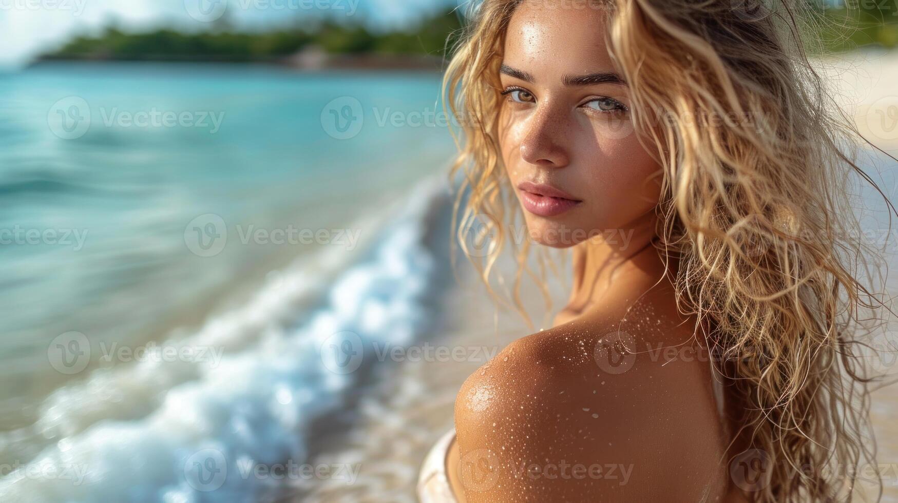 AI generated Beautiful girl in white bikini on the beach. Close-up portrait photo