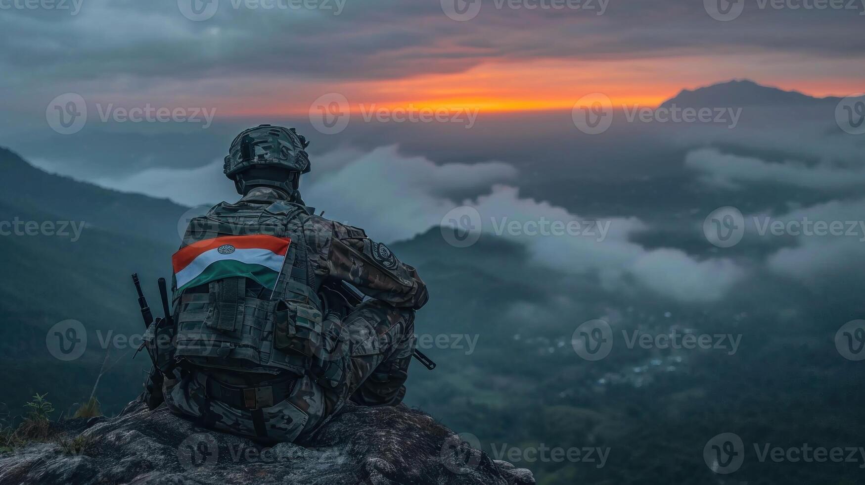 AI generated Soldier with the flag of the Republic of India on the top of the mountain. photo