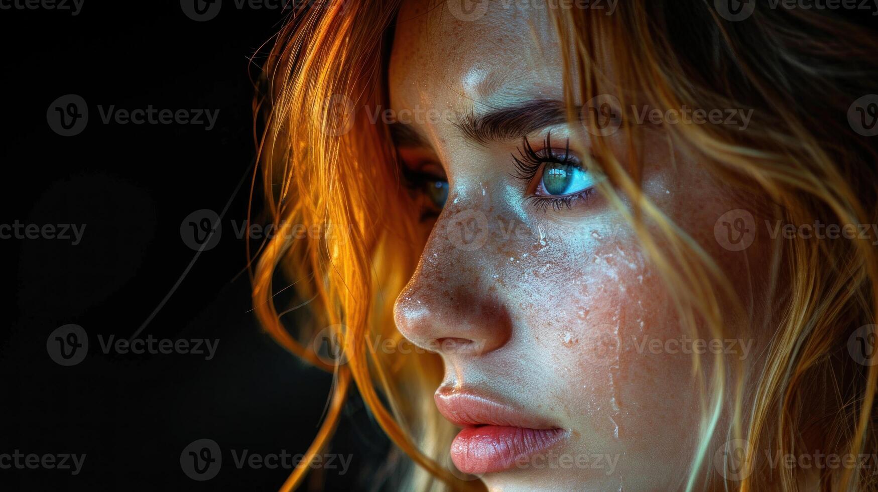 AI generated Portrait of crying beautiful red-haired girl with freckles photo