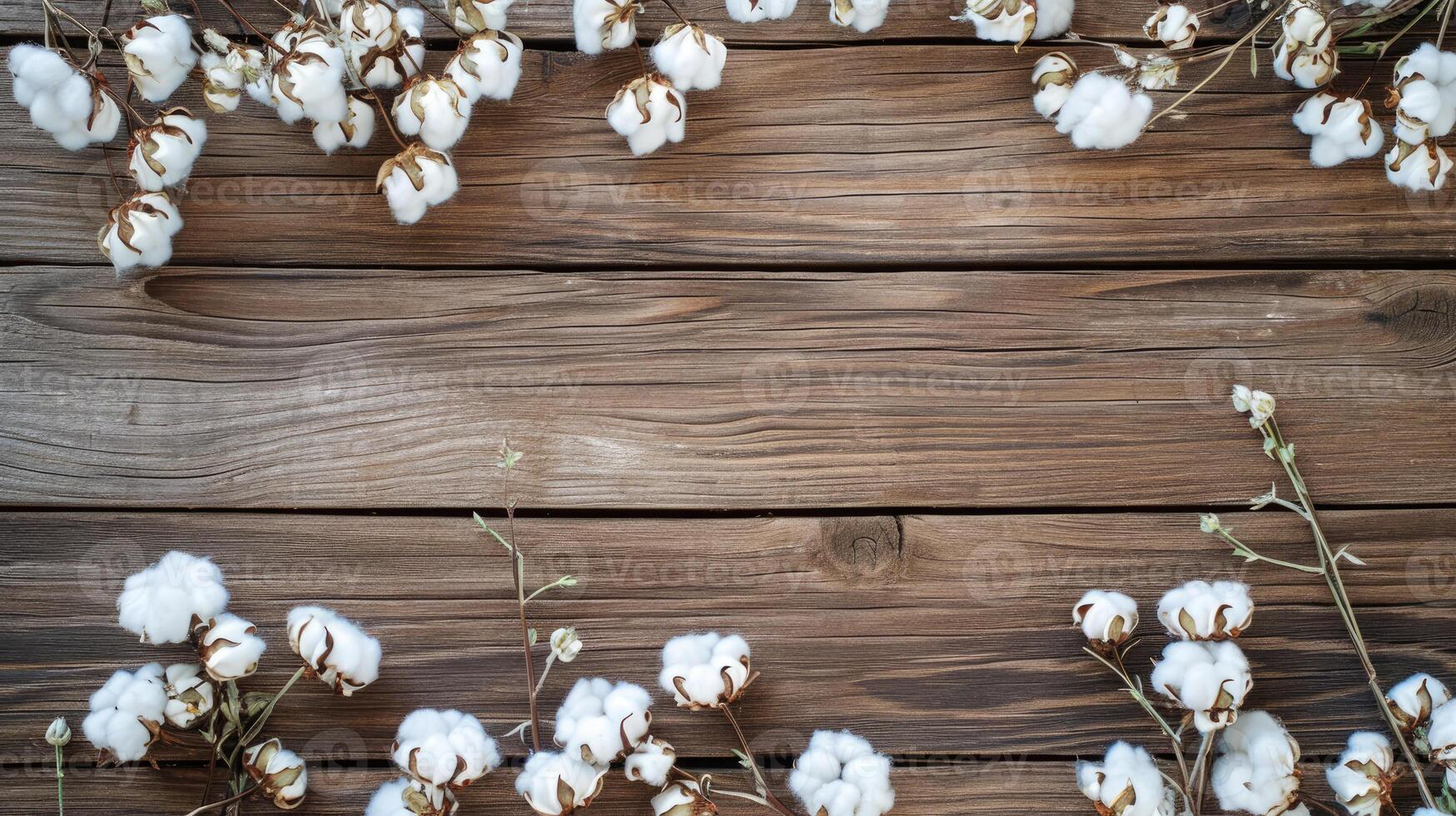 ai generado algodón cápsulas arreglado en de madera tablones foto