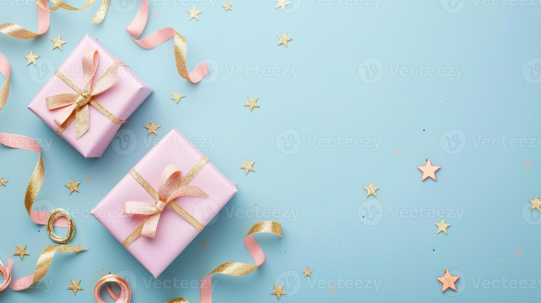 AI generated Pastel Perfection Pink Gifts with Golden Ribbons and Stars photo