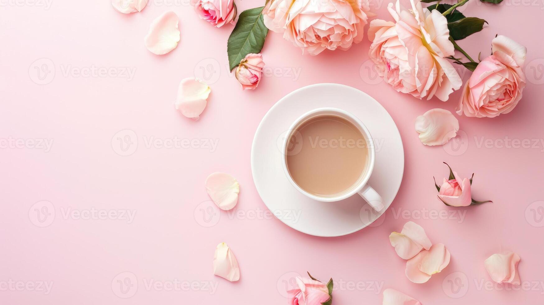 AI generated Elegant Tea Time with Roses on Pink Surface photo