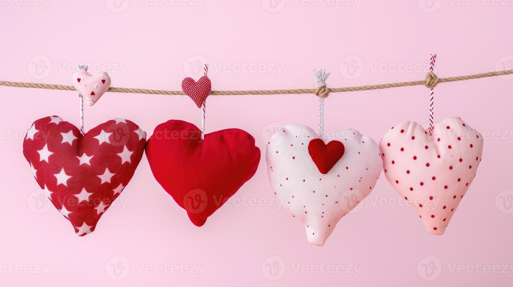 AI generated Assorted Fabric Hearts Hanging on a Line photo