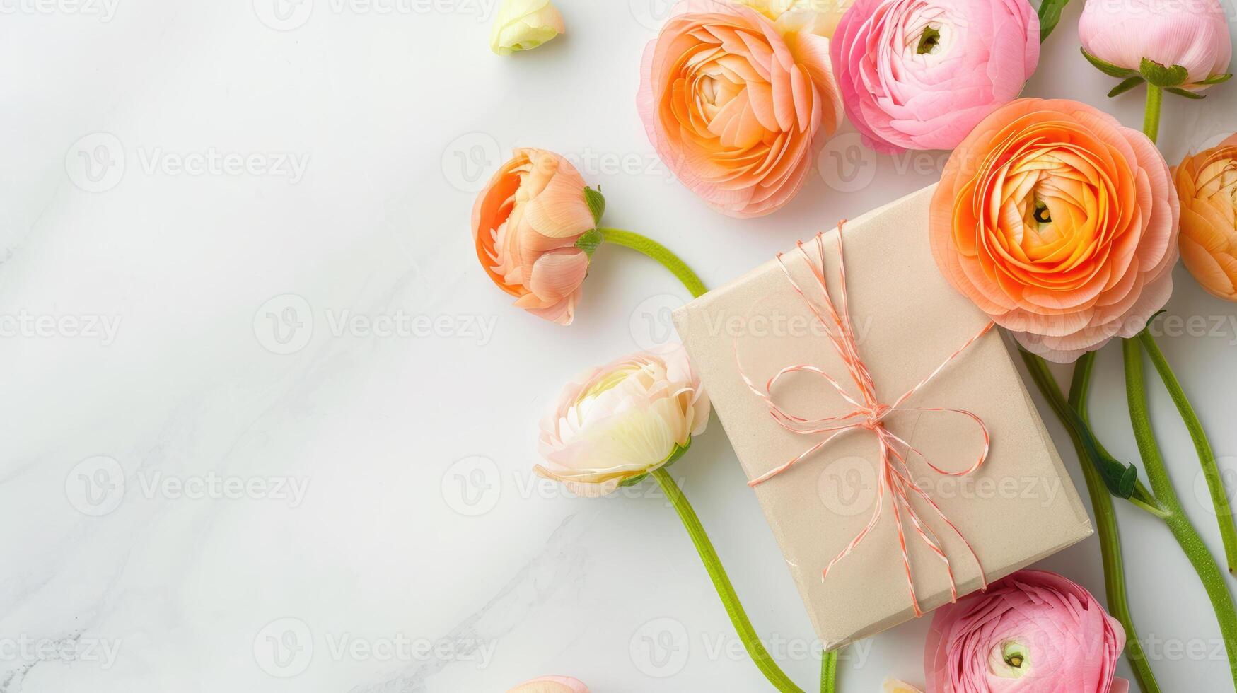 AI generated Craft Gift Box with Colorful Ranunculus on Marble photo