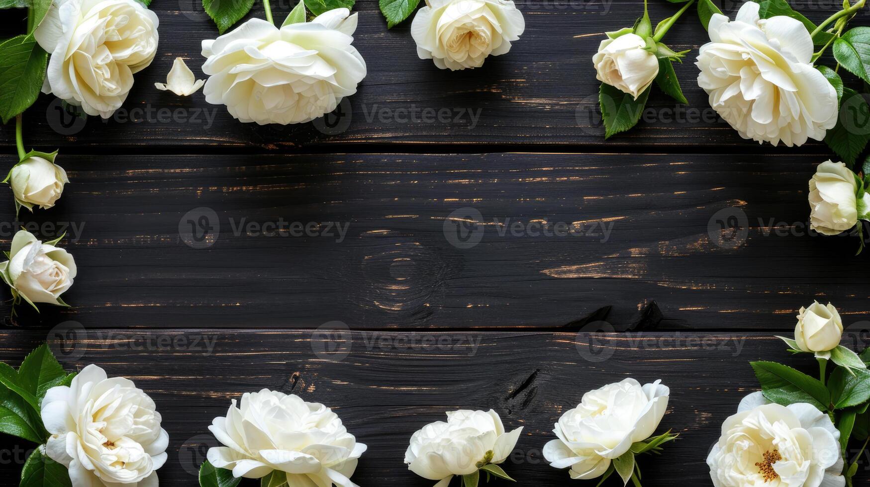 AI generated White Roses on Distressed Wooden Background photo