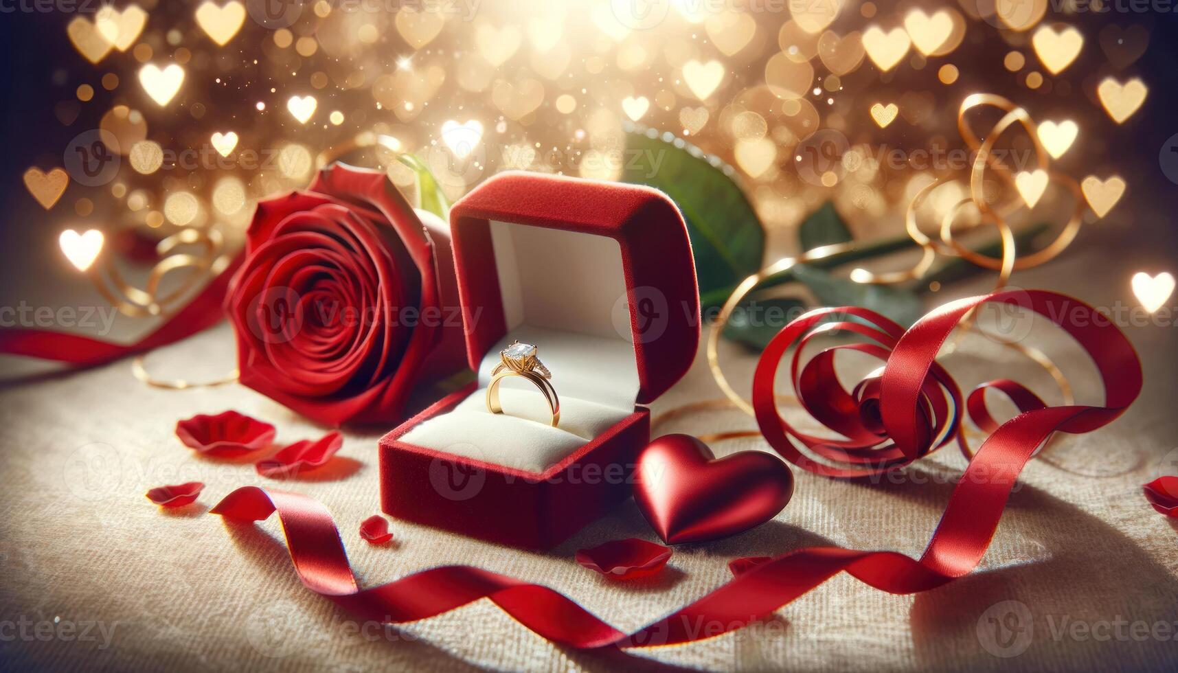 AI generated Romantic Proposal with Diamond Ring and Red Rose photo