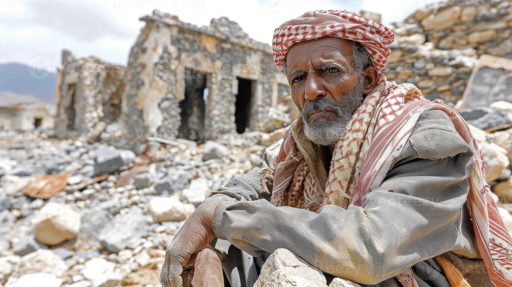 AI generated Portrait of a poor beggar in Yemen against destroyed city. photo