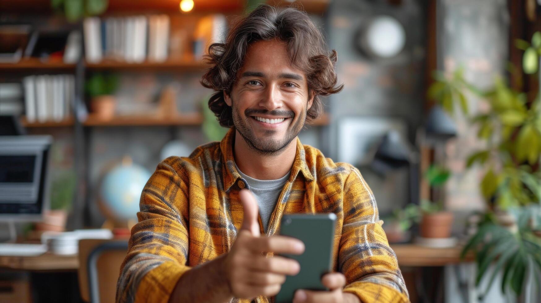 AI generated Portrait of handsome young indian man using smartphone and smiling while sitting in office photo