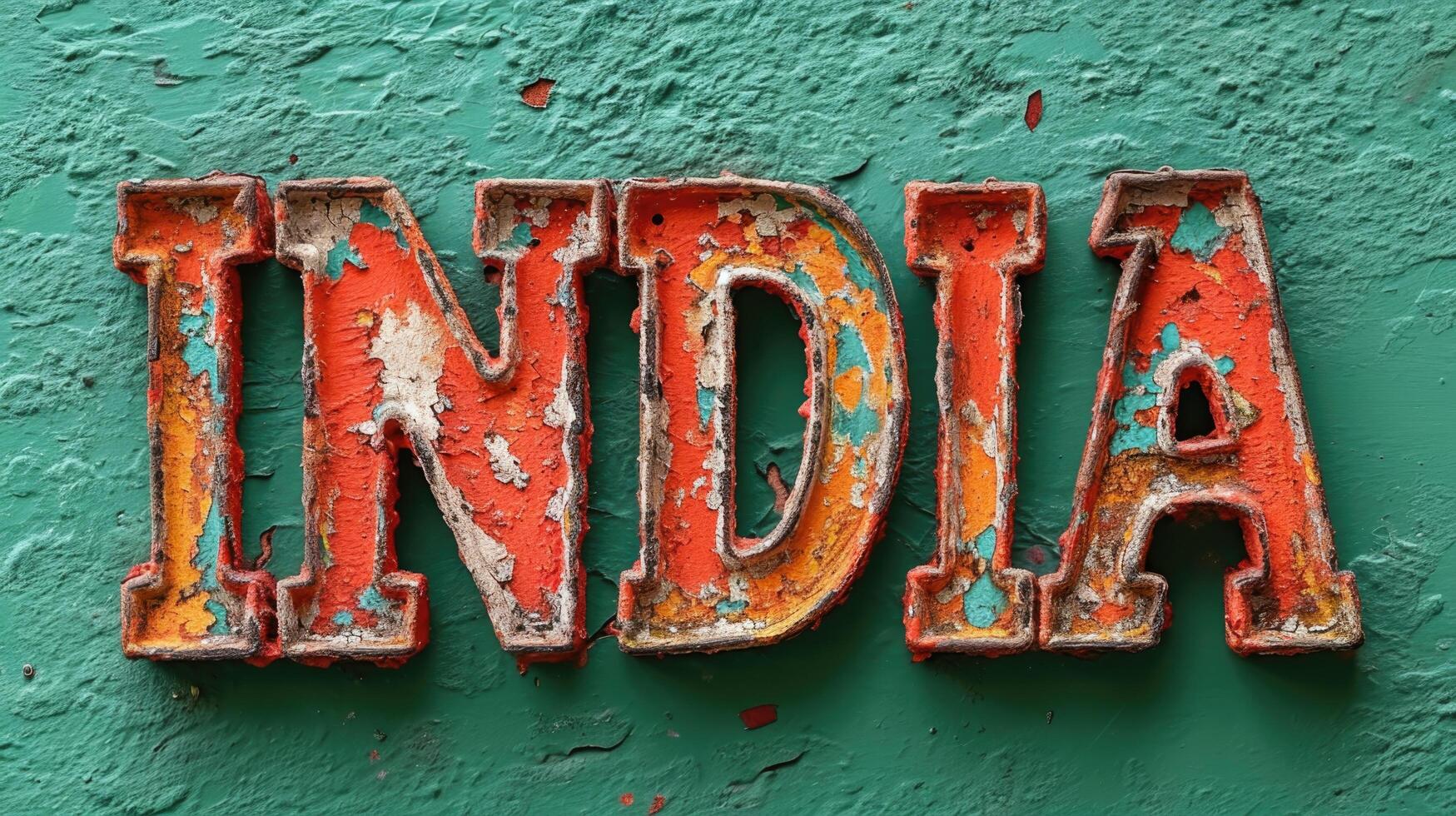 AI generated The word India written in rusty metal letters on a green background. photo