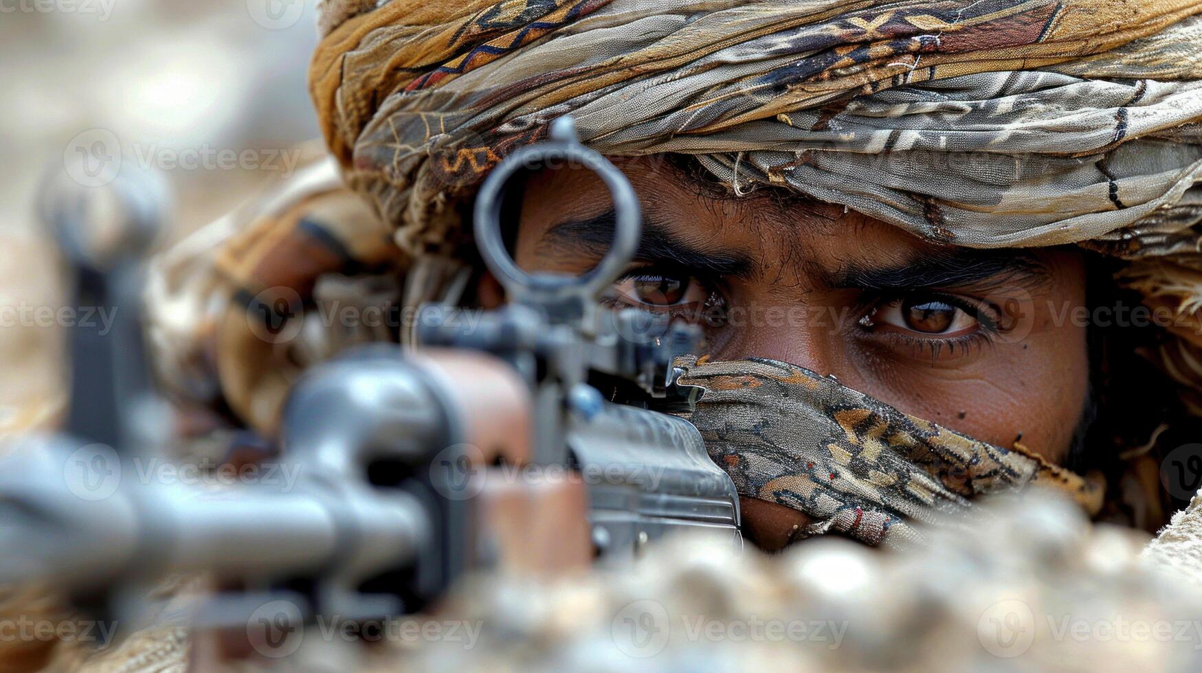 AI generated Yemeni army soldier in the desert of Yemen. photo