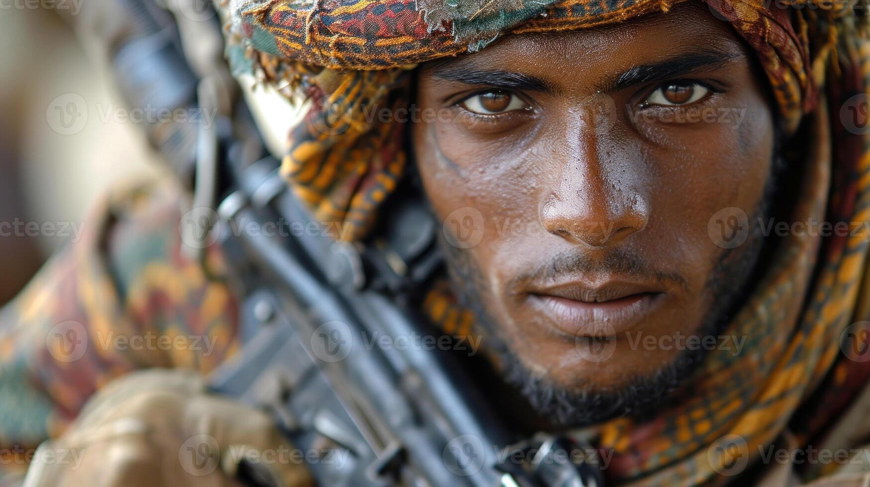 AI generated Arab yemeni soldier poses for the camera. photo