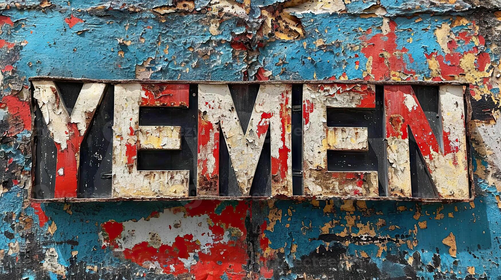 AI generated Yemen written in old letterpress type on an old weathered wall. photo