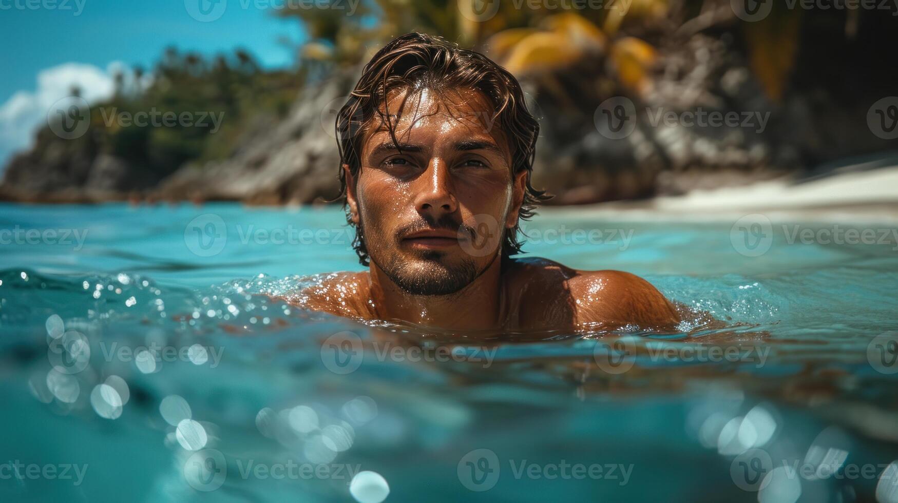 AI generated Portrait of handsome sexy caucasian man swim on the beach. Young healthy skin sun tan male with slim fit body. photo