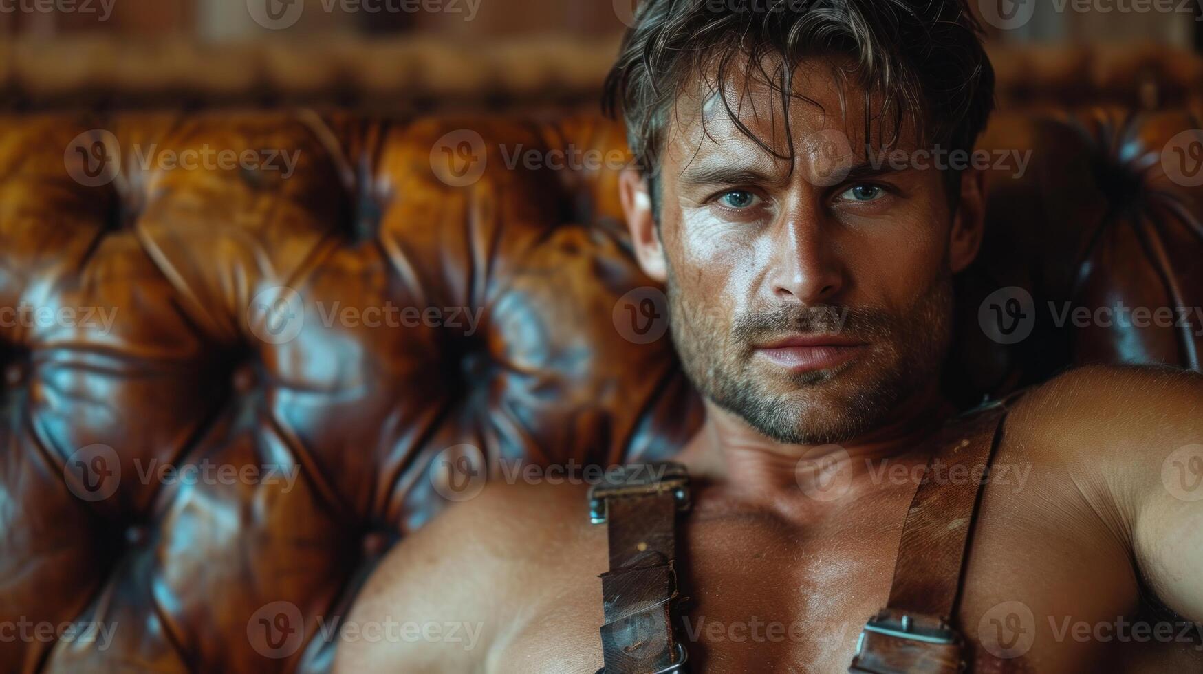 AI generated Portrait of a handsome muscular man in on a leather sofa. photo