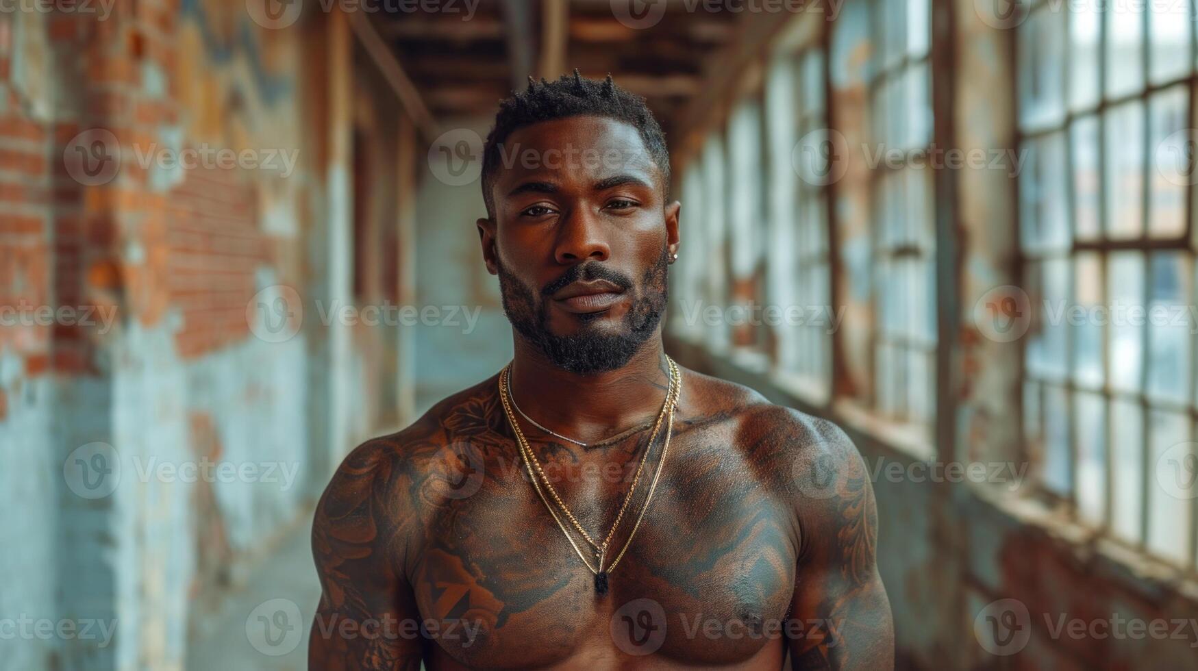 AI generated Handsome african american man with tattooed body posing in abandoned factory. photo