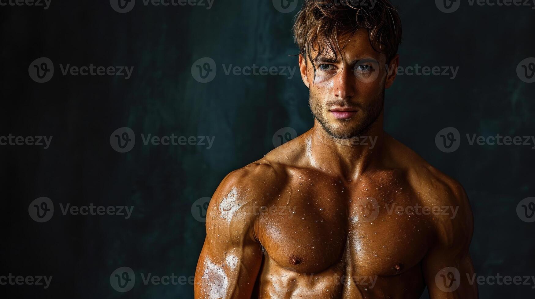 AI generated Portrait of a handsome muscular man with wet muscular body posing over dark background. photo