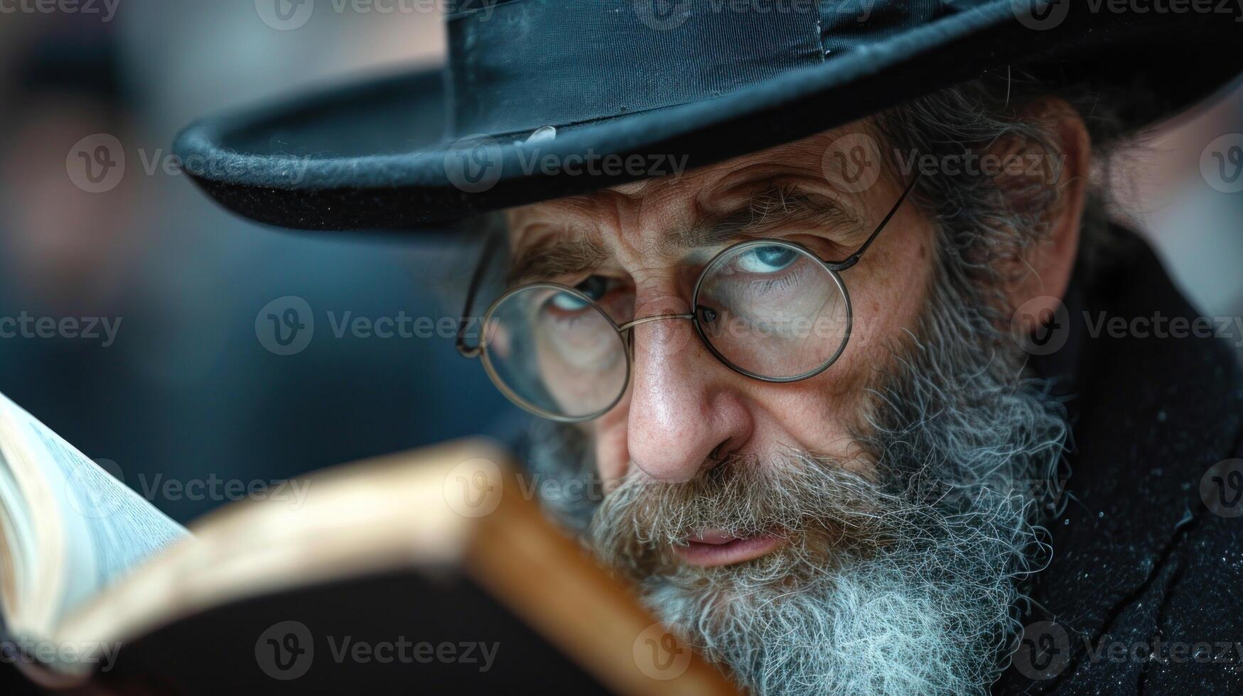 ai generado ortodoxo judío hombre en negro sombrero y lentes lee el santo Biblia. foto
