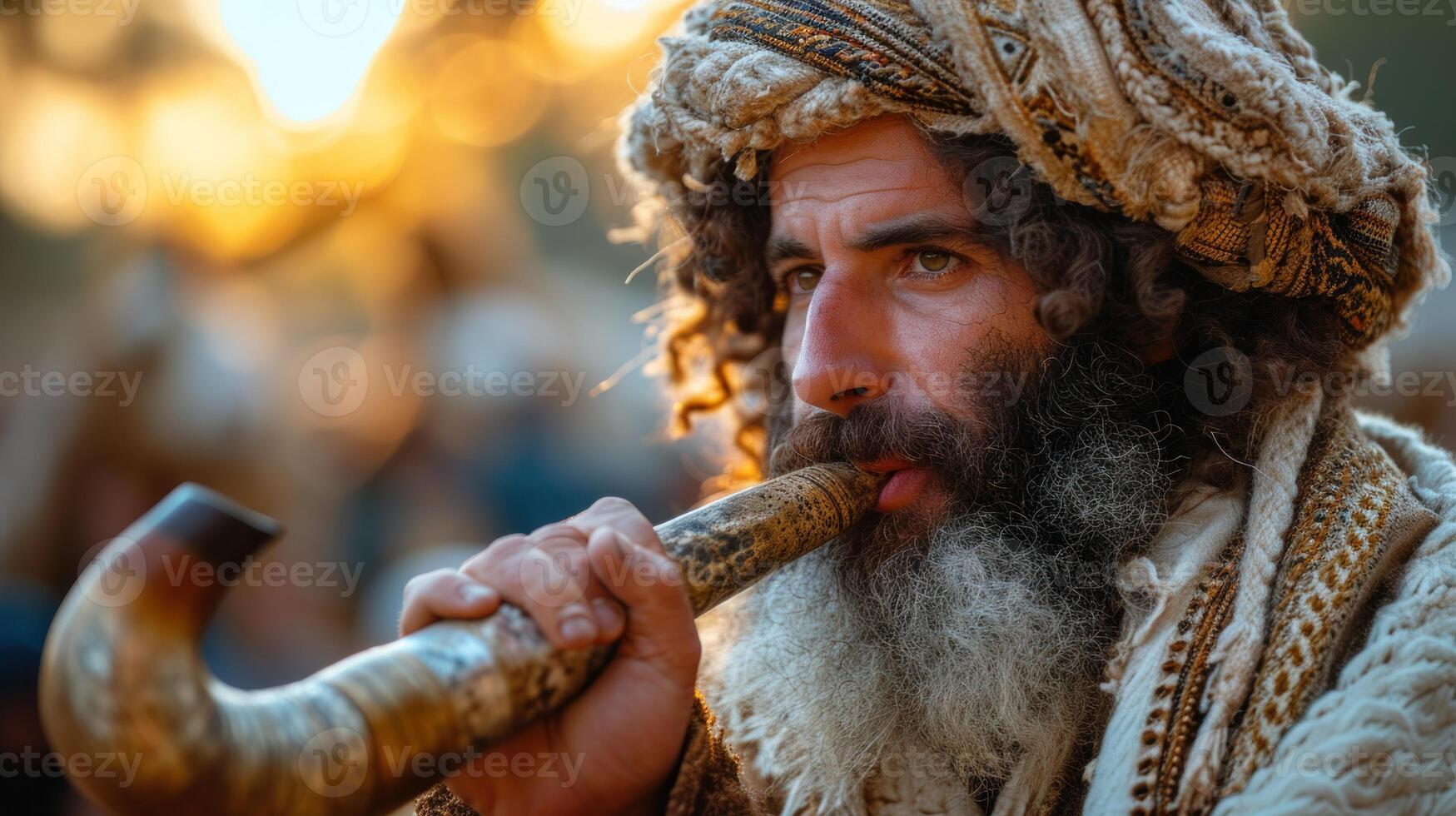 AI generated A Jewish man blowing the shofar ram's horn at Rosh HaShana. photo