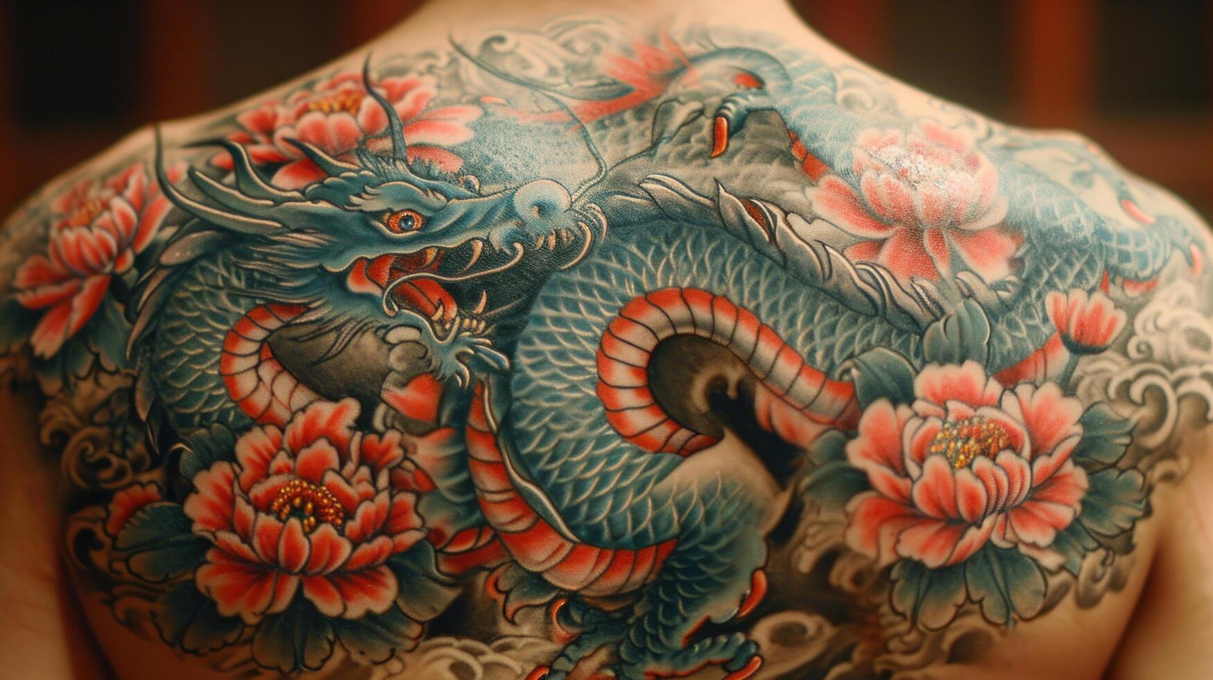 AI generated Asian tattoo art, closeup of colorful dragon patterns on the body. photo