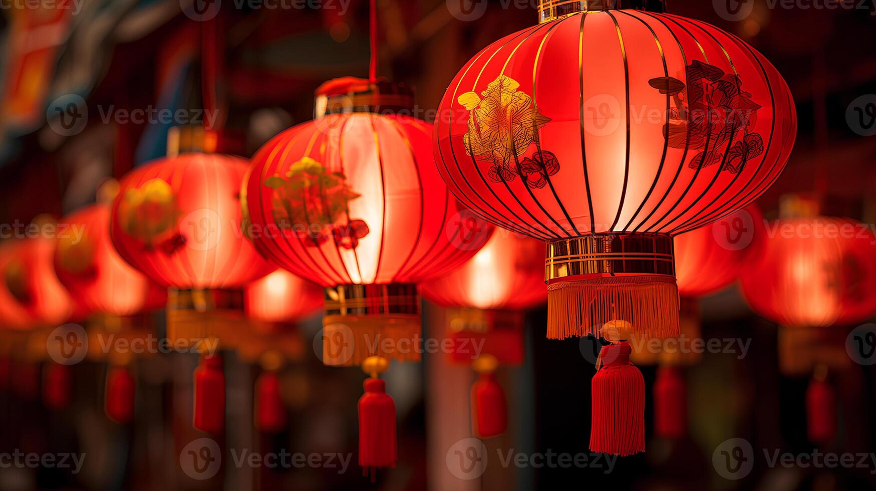 Red lanterns hanging ceiling. Chinese new year background. photo